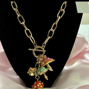 BELLA JACK Gold Front Toggle Closure Multiple Multicolored Mushroom Necklace NWT